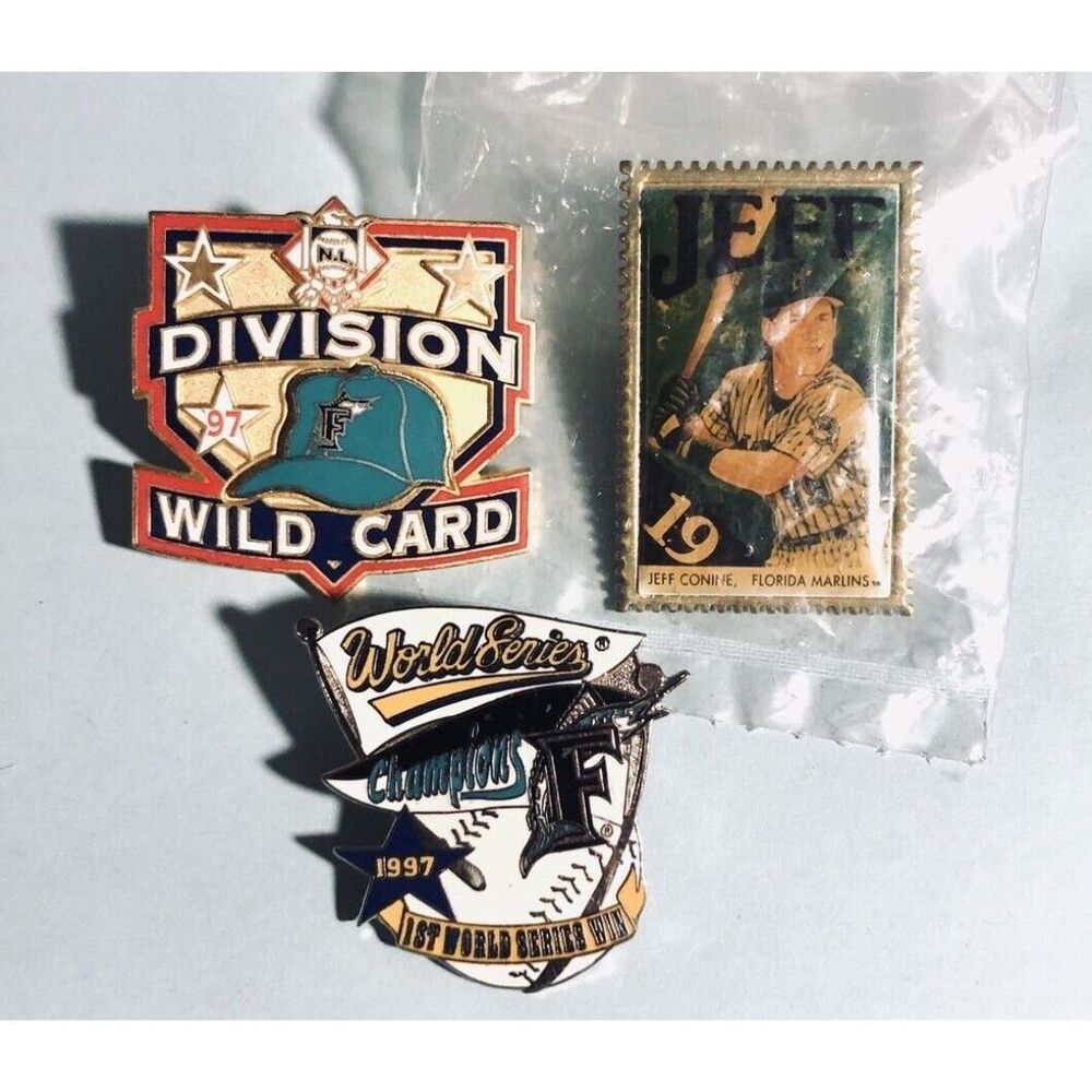 3 Florida,MARLIN S Pins 1997 W Champs, Wild Card NL & Jeff Conine #19 Pin